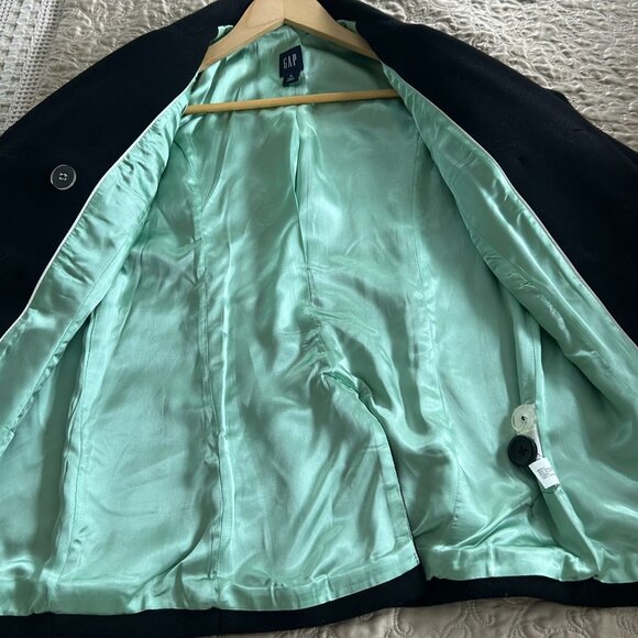 Gap Womens Black Double-Breasted Wool Blend Peacoat With Mint Satin Lining - Picture 3 of 9